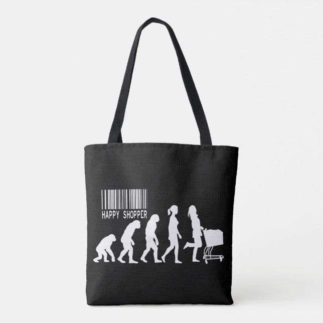 Bolsa Tote Paródia da Evolução da Mulher Compradora Feliz (Verso)