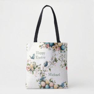 Bolsa Tote Páscoa Pássaros Primavera Ovos Pastel Aquarela Flo