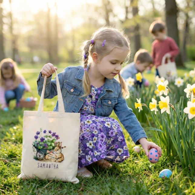 Bolsa Tote Páscoa Personalizada para Garotas Bonitas (Personalized Cute Bunnies Girl Easter Tote Bag)
