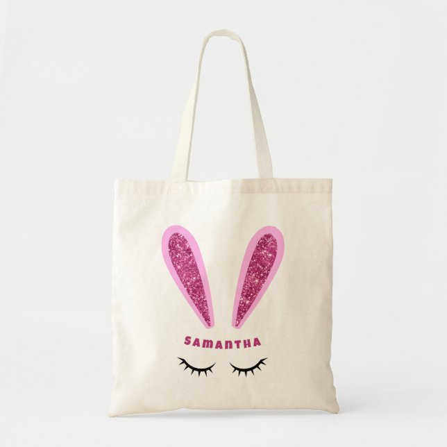 Bolsa Tote Páscoa rosa-branca - Orelhas de Páscoa personaliza (Frente)