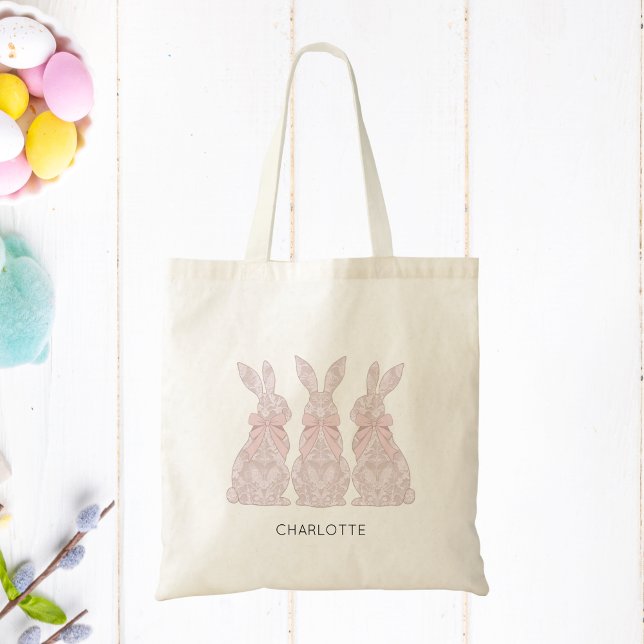 Bolsa Tote Páscoa Tote Bag com Lace Bunny Design (Kids Easter Tote Bag with Lace Bunnies)