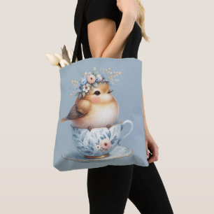 Bolsa Tote Passarinho Azul Fofo com Coroa Floral em Xícara de