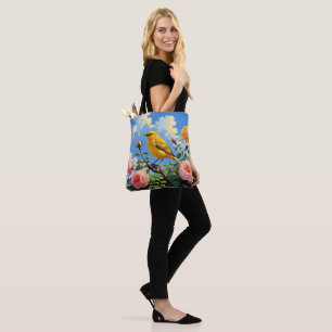 Bolsa Tote Pássaro amarelo colorido e rosas cor-de-rosa bonit