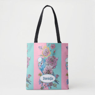 Bolsa Tote Pássaro Azul Budgie Rosa Floral Rosa Aquamarina No