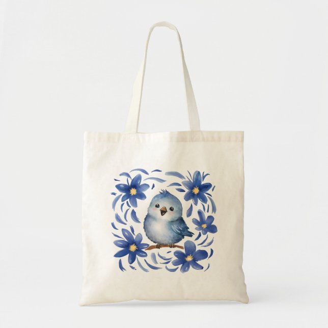 Bolsa Tote Pássaro Azul com flores (Frente)