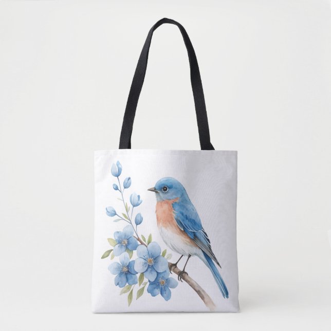 Bolsa Tote Pássaro azul com flores azuis (Frente)