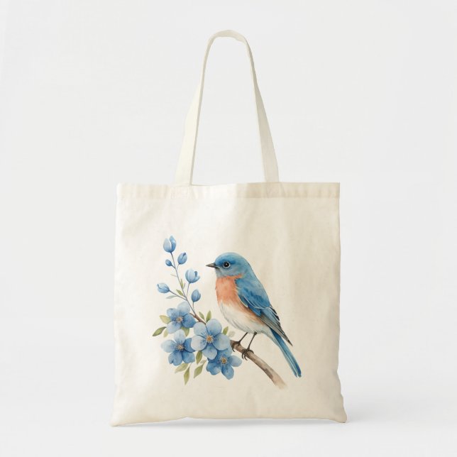 Bolsa Tote Pássaro azul com flores azuis (Frente)