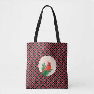 Bolsa Tote Pássaro cardinal em xadrez preto e vermelho