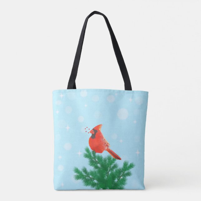 Bolsa Tote Pássaro cardinal & frutas silvestres em azul claro (Verso)