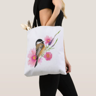 Bolsa Tote Pássaro Chickadee, Sweet Black Capped Watercolor