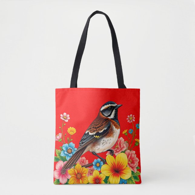 Bolsa Tote Pássaro Colorido Empoleirado Entre Flores (Frente)