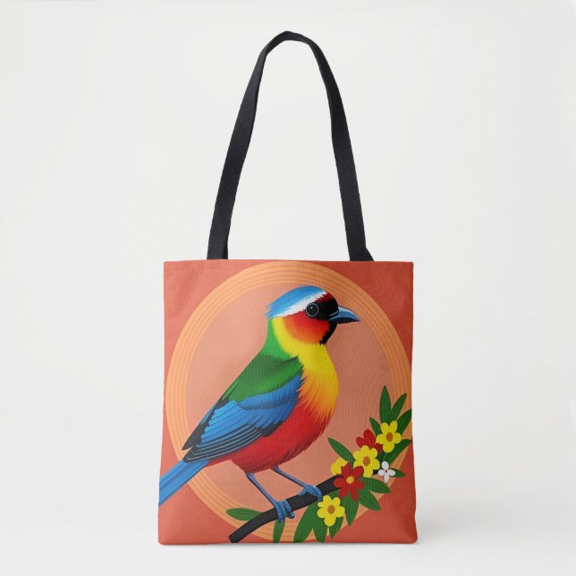 Bolsa Tote Pássaro Colorido Empoleirado Entre Flores Vibrante (Frente)