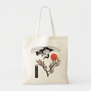 Bolsa Tote Pássaro de guindaste japonês e sakura florescent