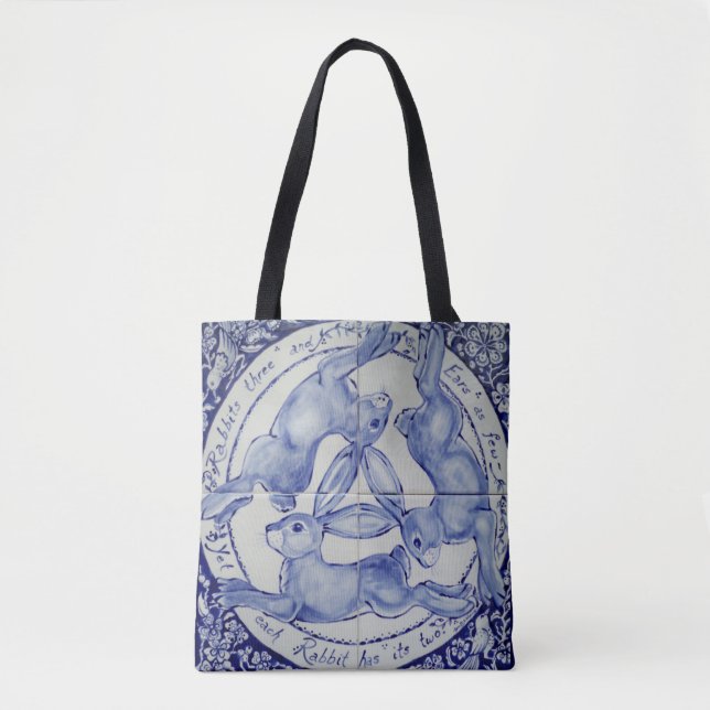 Bolsa Tote Pássaro do Coelho Azul e Branco com Três Hares (Frente)
