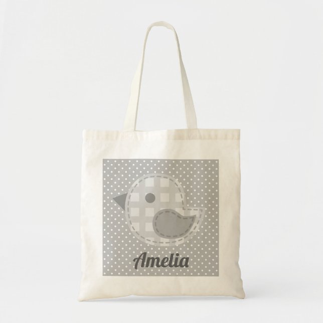 Bolsa Tote Pássaro e Bolinhas de Cinza, bonitinho, personaliz (Frente)