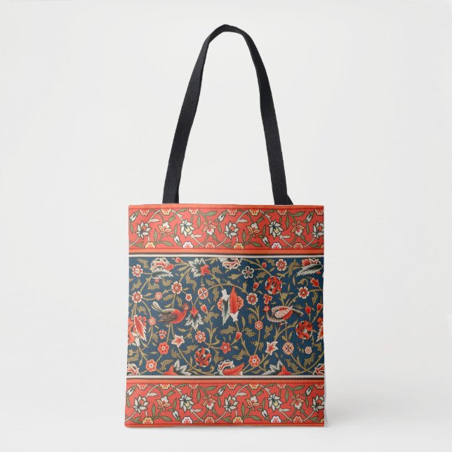 Bolsa Tote Pássaro e Flor Padrão Vermelho Azul Persa (Frente)