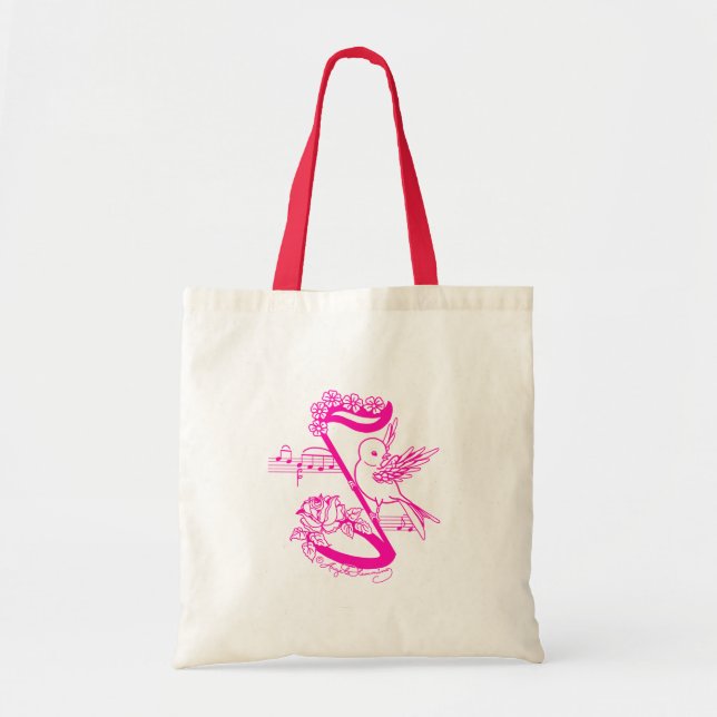Bolsa Tote Pássaro Em Uma Nota Musical Com Flores Rosa (Frente)