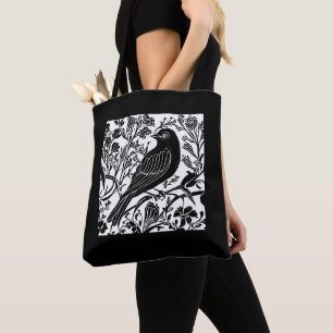 Bolsa Tote Pássaro em uma ramificação com flores em preto e b