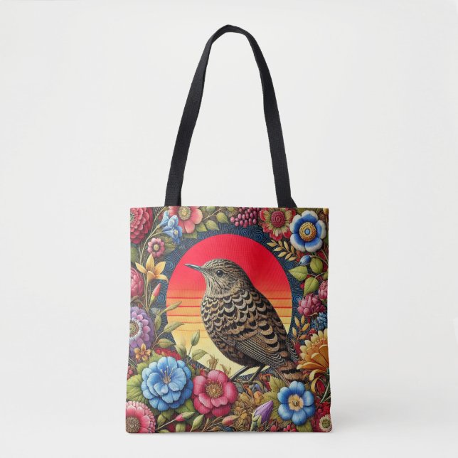 Bolsa Tote Pássaro Entre Flores Coloridas (Frente)