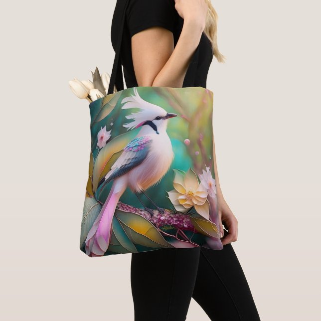 Bolsa Tote Pássaro Fantasia Branca - Blush Tail Jay (Close Up)