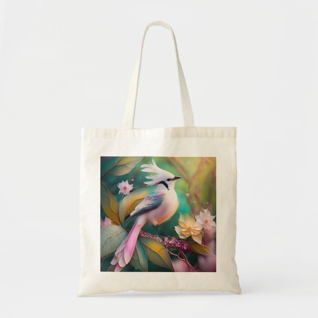 Bolsa Tote Pássaro Fantasia Branca - Blush Tail Jay (Frente)