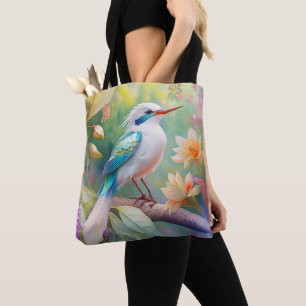 Bolsa Tote Pássaro Fantasia Branca, Iridescente, Teal Wing