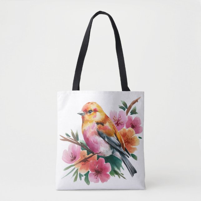 Bolsa Tote Passaro Flor Rosa (Frente)