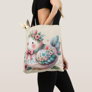 Bolsa Tote Pássaro Folclórico Floral com Charme Pastel Boho