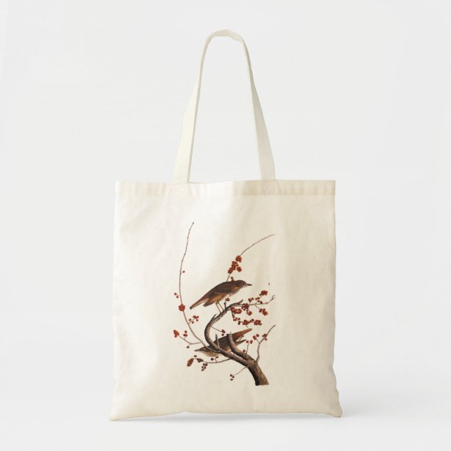 Bolsa Tote Pássaro Hermit Thrush Audubon com Berries Vermelho (Frente)