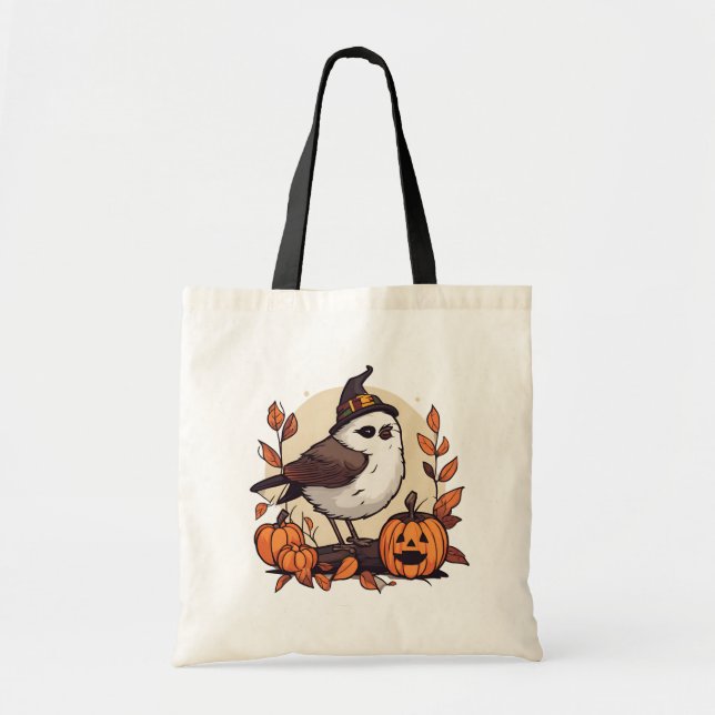 Bolsa Tote Pássaro Pequeno do Halloween com Chapéu de Bruxa (Frente)