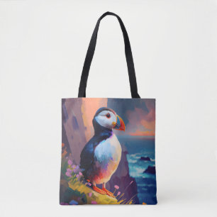 Bolsa Tote Pássaro Puffin Retrato Animal Pintando Vida Selvag