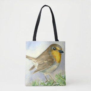 Bolsa Tote Pássaro Robin em um galho de zimbro fosco