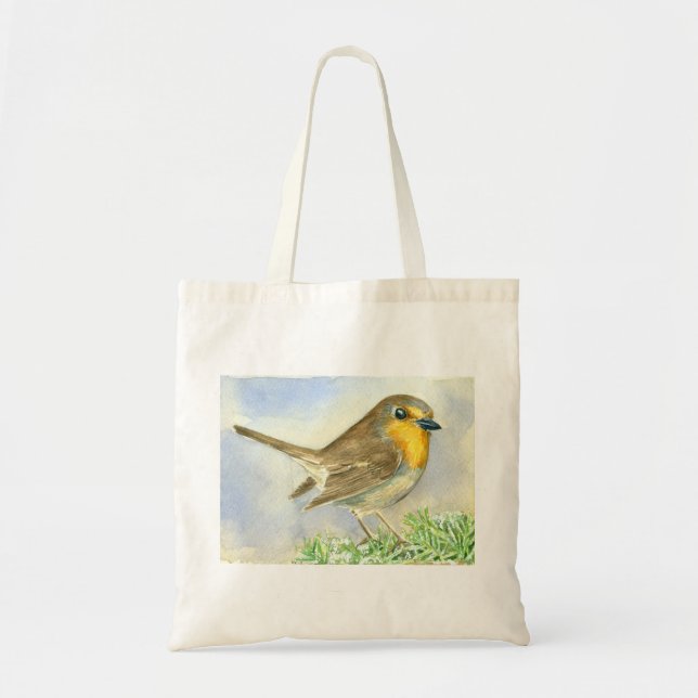 Bolsa Tote Pássaro Robin em um galho de zimbro fosco (Frente)