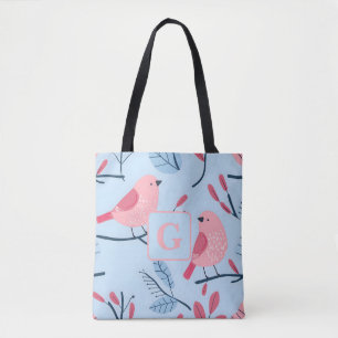 Bolsa Tote Pássaro rosa giro em monograma personalizado azul