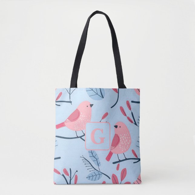 Bolsa Tote Pássaro rosa giro em monograma personalizado azul  (Frente)