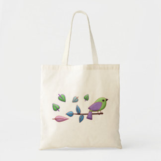 Bolsa Tote Pássaro Rosa Verde Roxo com Folhas de Bordados