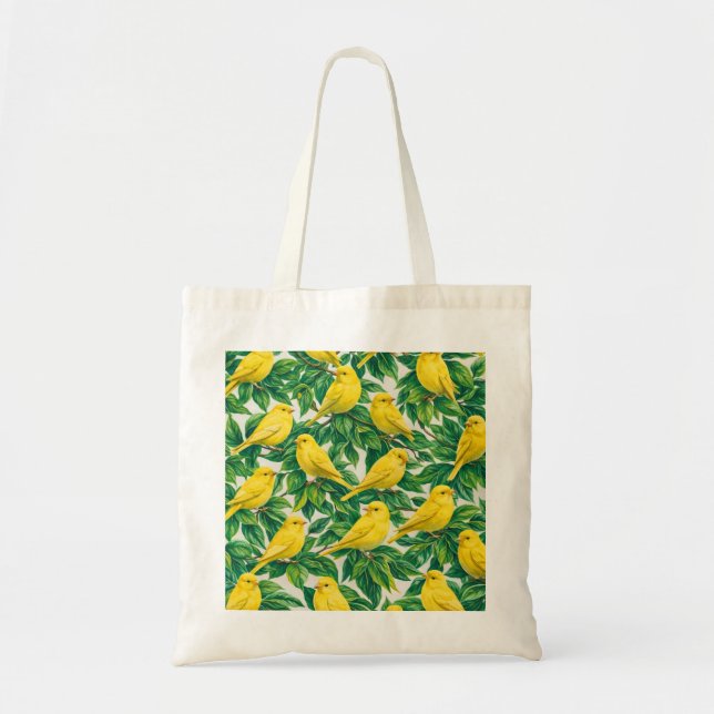 Bolsa Tote Pássaros Canários Amarelos & Folhas Verdes Botânic (Frente)