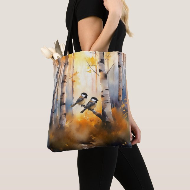 Bolsa Tote Pássaros Cantores Chapim em uma Floresta de Outono (Close Up)
