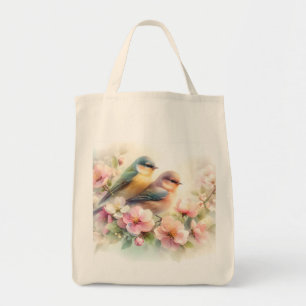 Bolsa Tote Pássaros de Amor Doces Flor de Cerejeira Pastel Pr