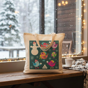 Bolsa Tote Pássaros de inverno brincando em neve com boneco d