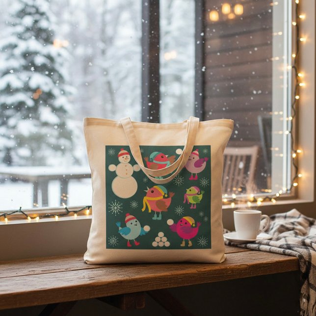 Bolsa Tote Pássaros de inverno brincando em neve com boneco d (Criador carregado)