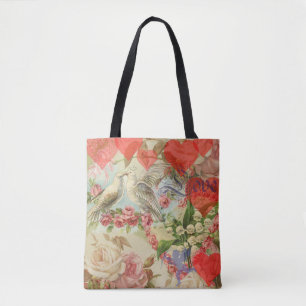 Bolsa Tote Pássaros do Amor Vintage Antigo Coração