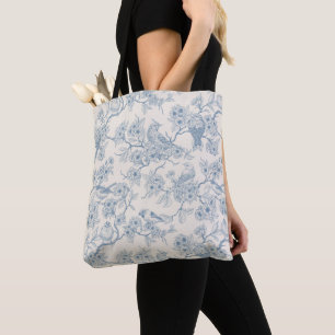 Bolsa Tote Pássaros e flor de cerejeira em azul e branco esma