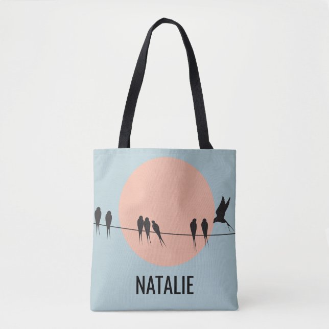 Bolsa Tote Pássaros em um Fio com Sol Pastel Personalizado  (Frente)