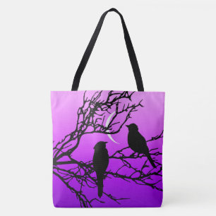 Bolsa Tote Pássaros em um galho, Preto contra Púrpura selva