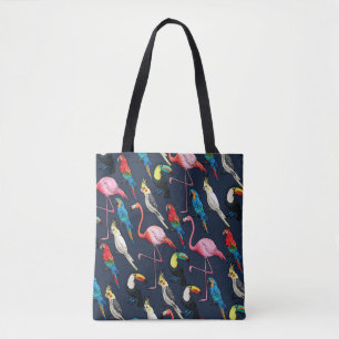 Bolsa Tote Pássaros Exóticos Coloridos Padrão Escuro
