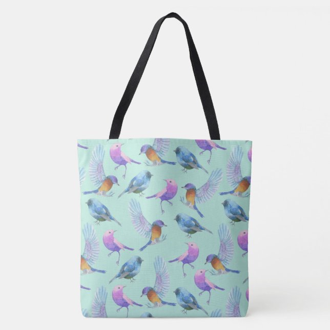 Bolsa Tote Pássaros Exóticos Selvagens Padrão de Aquarela (Frente)