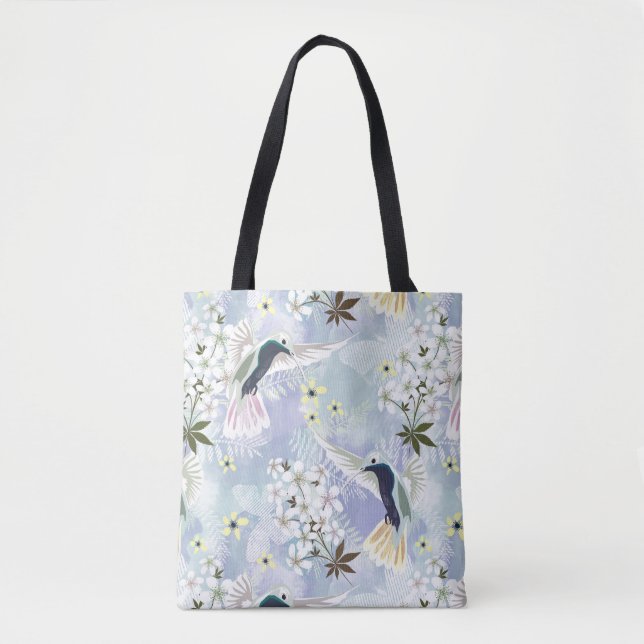 Bolsa Tote Pássaros humanos e flores brancas (Frente)