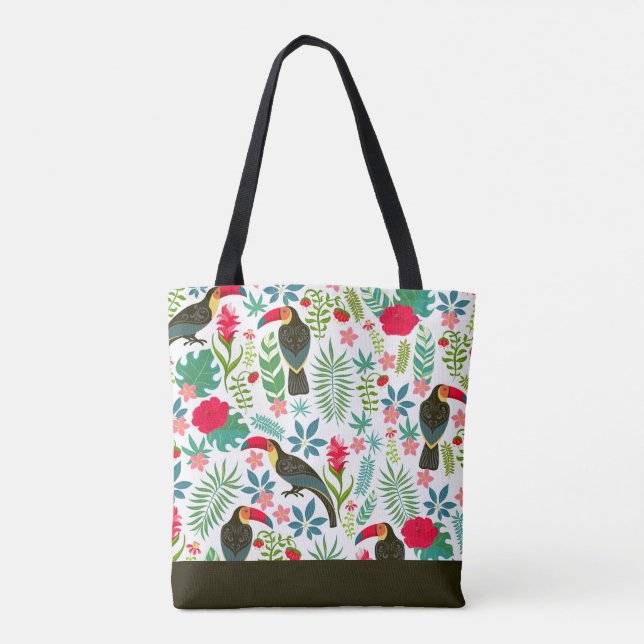 Bolsa Tote Pássaros tucanos e padrão das flores tropicais (Verso)