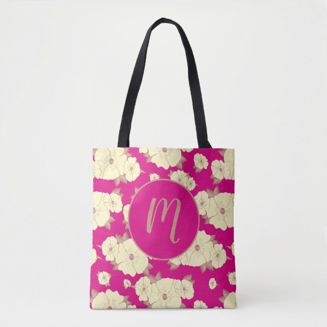 Bolsa Tote Pastel Amarelo Cobre Floral a rosa da Fuchsia (Frente)